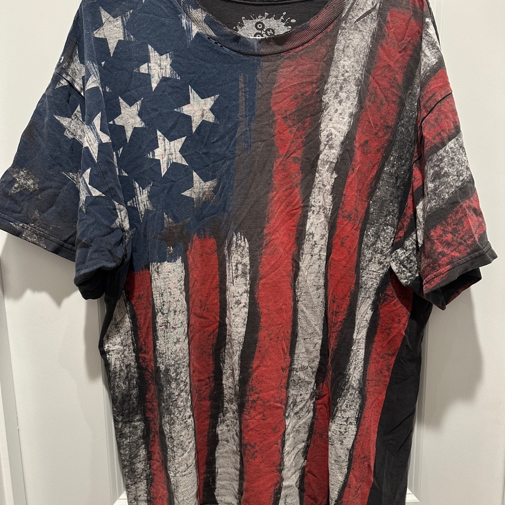 Red and White Short Sleeve Tee with Distressed Flag Design